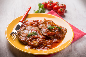 meat  with tomatoes sauce, selective focus