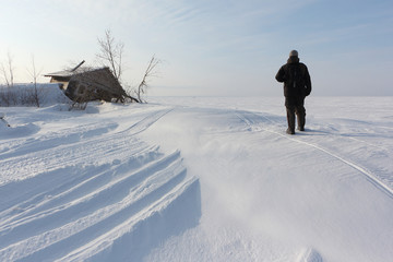 Man walking along the frozen surface of the river along the island with a skewed house, Khrenovy Island,  Ob reservoir, Siberia, Russia