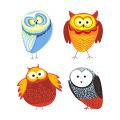 Owls cartoon kid funny characters with feather ornament.