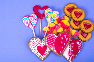 Sweets, gingerbread, lollipops, cookies for Valentine's Day