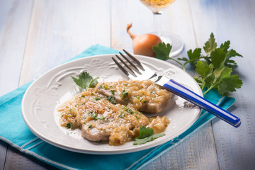 escalope with shallot and beer, selective focus