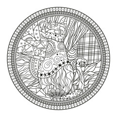 Intricate line background. Hand drawn patterned cat. Design for spiritual relaxation for adults. Illustration. Art creation