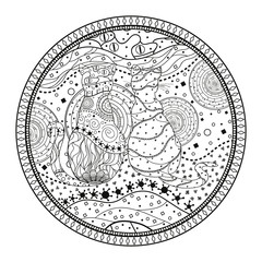 Mandala with cats. Zentangle. Hand drawn cat with abstract patterns on isolation background. Design for spiritual relaxation for adults. Black and white illustration for coloring. Outline for t-shirts