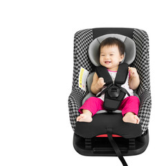 Portrait of a cute baby in car seat. Isolated on white background with copy space