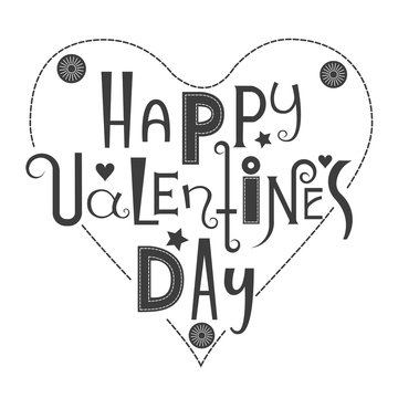 Vector lettering "Happy Valentine's Day." Black letters of different styles on the background of heart with machine stitches.