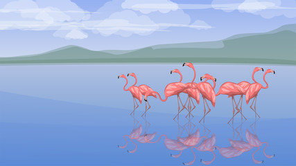 Naklejka premium landscape with pink flamingos