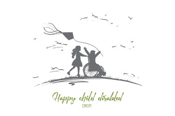 Happy child disabled concept. Hand drawn little girl pushing boy in wheel chair. Disabled has fun outside isolated vector illustration.