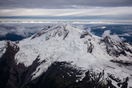 Aerial view of the famous volcano, Mount Baker, that can be seen from Vancouver and Seattle. Located in Washington State.