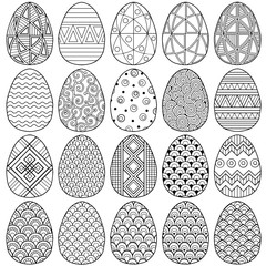 Happy easter. Set of Black and white Doodle Easter eggs. Coloring book for adults for relaxation and meditation.