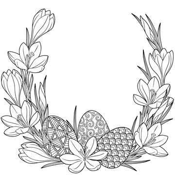 Spring flower vignette of crocuses and easter eggs. Black and white image for adult relaxation. Background for design of cards to the Easter.