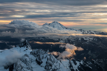 Dramatic Aerial view of a famous volcano that can be seen from Seattle and Vancouver, during a...