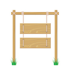 Blank wooden signboard hanging on rope. Isolated on white background.