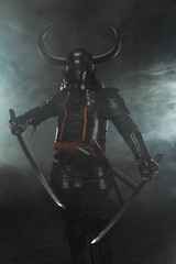 samurai in traditional armor with dual katana swords on dark background with smoke