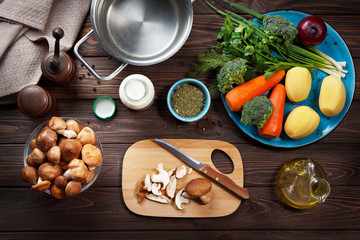 Mushroom cream soup with croutons on a rustic table in a sunny day. Top view