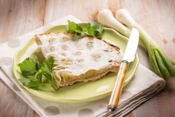 cake with leek and cheese, selective focus