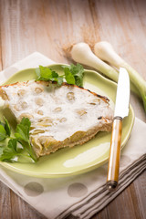 cake with leek and cheese, selective focus