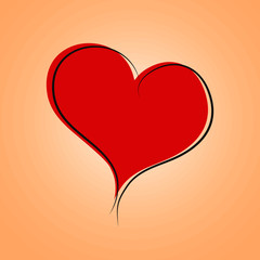 Heart drawing icon, logo, label, sign. Red heart shape with black outline contour isolated on light background. Elegant romantic vector design for love holiday card, Valentine day, wedding invitation