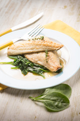 fish fillet with fresh spinach, selective focus