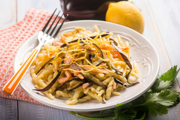 pasta with smoked salmon and eggplant, selective focus