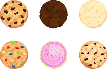 Six Chocolate Chip, Fudge, Sugar, Candy, Iced, and Oatmeal Cookies. Flat View. - obrazy, fototapety, plakaty