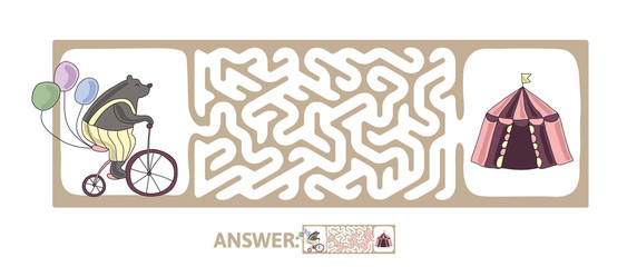 Children's maze with bear on a bike and circus tent. Cute puzzle game for kids, vector labyrinth illustration.