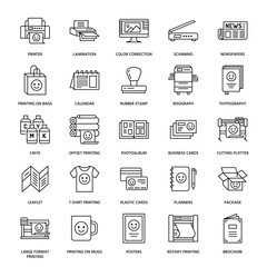 Printing house flat line icons. Print shop equipment - printer, scanner, offset machine, plotter, brochure, rubber stamp. Thin linear signs for polygraphy office, typography. - obrazy, fototapety, plakaty