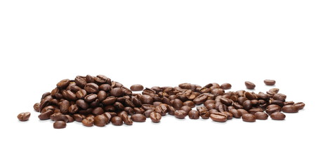 Pile coffee beans isolated on white background and texture, top view
