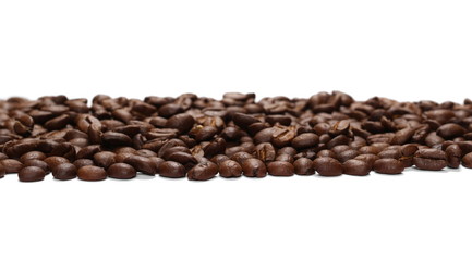 Pile coffee beans isolated on white background and texture, top view
