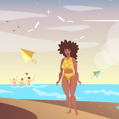 Obraz na płótnie Canvas The black girl with on a beach