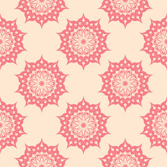 Red flowers on beige background. Seamless pattern