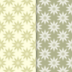 Olive green floral ornamental backgrounds. Set of seamless patterns