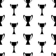 Winner trophy cup seamless pattern. Black simple silhouette texture. Championship prize for first place. Vector illustration.
