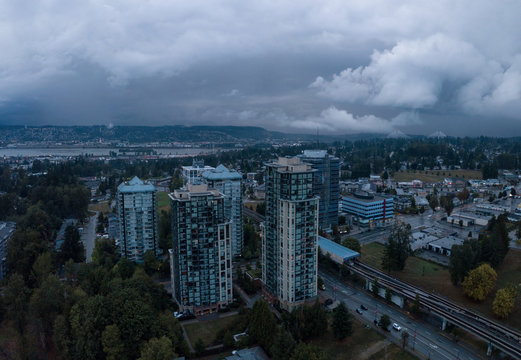 Aerial panoramic view of Surrey City in Greater Vancouver, British Columbia, Canada. Taken during a rainy evening.