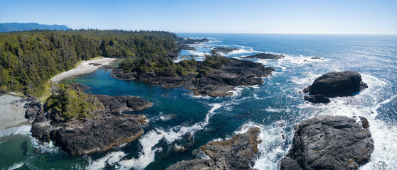 Aerial panoramic seascape view of the Rocky Pacific Coast during a vibrant sunny summer day. Taken near Tofino, Vancouver Island, British Columbia, Canada. © edb3_16