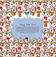 Fototapeta na wymiar New year frame crowd snowmen greeting card.