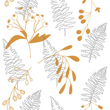 Vector botanical seamless pattern with  stylized rowan tree berries and fern leaves. Hand drawn twigs and berries in pastel colors.