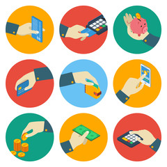 ATM Isometric Colorful Icons With Hand