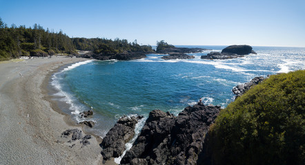 Aerial panoramic view of the beautiful Pacific Ocean Coast during a vibrant sunny summer day. Taken near Tofino, Vancouver Island, British Columbia, Canada.
