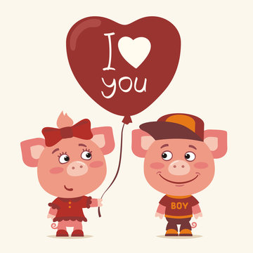 I love you! Funny pig girl gives balloon heart for pig boy. Greeting card for Valentine's Day.