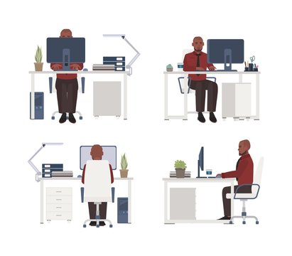 Man working on computer at workplace. Male office worker sitting in chair at desk. Flat cartoon character isolated on white background. Front, side and back views. Modern colorful vector illustration.