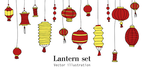 Chinese New Year decorative cartoon elements. Set of Chinese paper street hand drawn lanterns. Traditional asian festival decorations. Vector illustration. Sketch doodle red lanterns.
