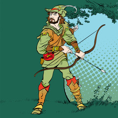 Robin Hood standing with bow and arrows. Robin Hood in ambush. Defender of weak. Medieval legends. Heroes of medieval legends. Halftone background.