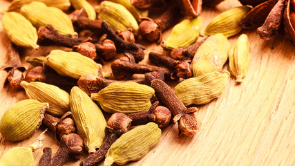 Spices cardamom anise stars and cloves