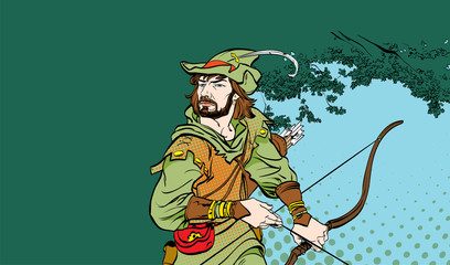 Robin Hood standing with bow and arrows. Robin Hood in ambush. Defender of weak. Medieval legends. Heroes of medieval legends. Halftone background.