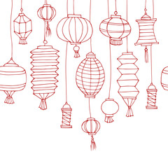 Seamles vector pattern with hand drawn Chinese paper street lanterns. Chinese New Year decorative cartoon elements. Traditional festival decorations. Vector illustration. Sketch doodle red lanterns.
