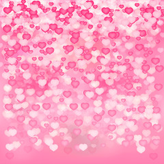 Fototapeta na wymiar Soft pink hearts confetti background. Valentine’s day shiny greeting card. Romantic vector illustration. Easy to edit design template.