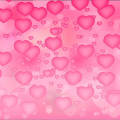 Fototapeta na wymiar Soft pink hearts confetti background. Valentine’s day shiny greeting card. Romantic vector illustration. Easy to edit design template.