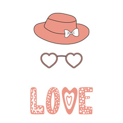 Hand drawn vector illustration of a fedora hat with a bow, heart shaped glasses, romantic quote. Isolated objects on white background. Design concept for children, Valentines day greeting card.