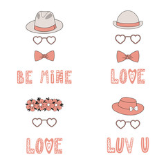 Set of hand drawn hats, bow ties, flower chain, heart shaped glasses, romantic quotes. Isolated objects on white background. Vector illustration. Design concept for children, Valentines day card.