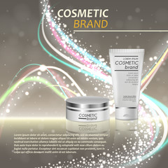 3D realistic cosmetic bottle ads template. Cosmetic brand advertising concept design with glitters and bokeh background